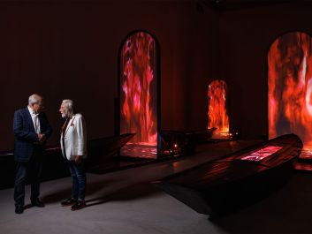 Sandro Boscaini and artist Fabrizio Plessi (right) in front of his work "The Soul of Amarone" (courtesy of Masi)