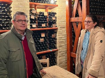 Fabio Sireci and Melissa Muller maintain a library of Feudo Montoni's bottlings and vintages, tracing the long history of the estate up to newer bottlings such as Nerello Mascalese.                                                                (Robert Camuto)