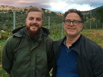Giacomo Satta and his father, Michele, in a newly planted vineyard                                                                (Robert Camuto)